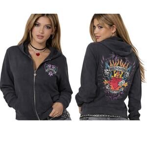 Y2K Vintage Harley Davidson Logo Full Zip Sweatshirt Black L Biker Hoodie Moto